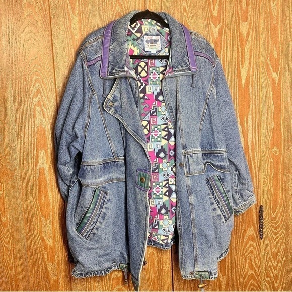 Vintage 90 Western Aztec Lined Denim Coat Women 2X Heavyweight Barn Chore Jacket - Picture 8 of 16
